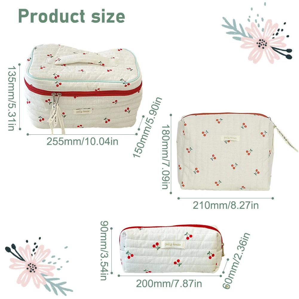 3 PCS/Set Women Quilted Makeup Bag Cherry Pattern Cosmetic Handbag with Clutch Bag & Pen Case Large Capacity Travel Storage Bags