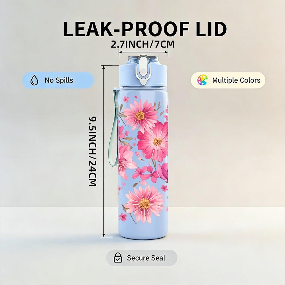1PC Cluster Of Pink Wild Flowers Print 750ml Color Plastic Sports Water Bottle Leakproof Flip Straw Lid Suitable for Sports Office Home Use