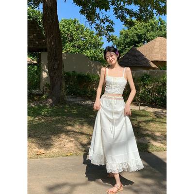Ladies Summer Square Neck Camisole Top High Waist Splicing Lace Long Skirt Set