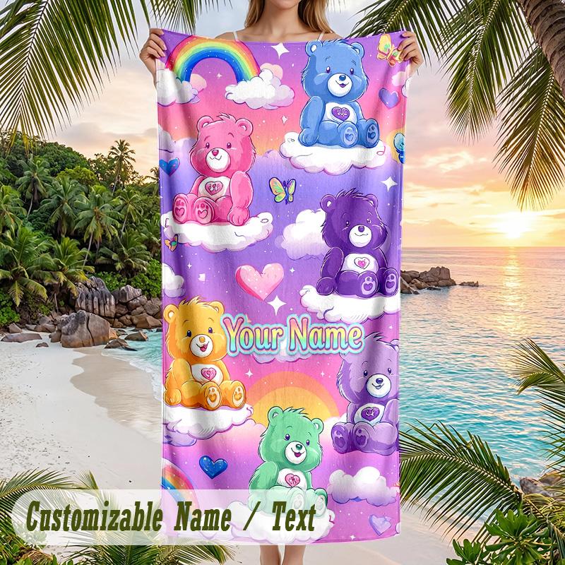 Care Bears Strandtuch, Personalisierter Custom-Text, Schnelltrocknendes Weiches Großes Handtuch für Schwimmbad Reisen