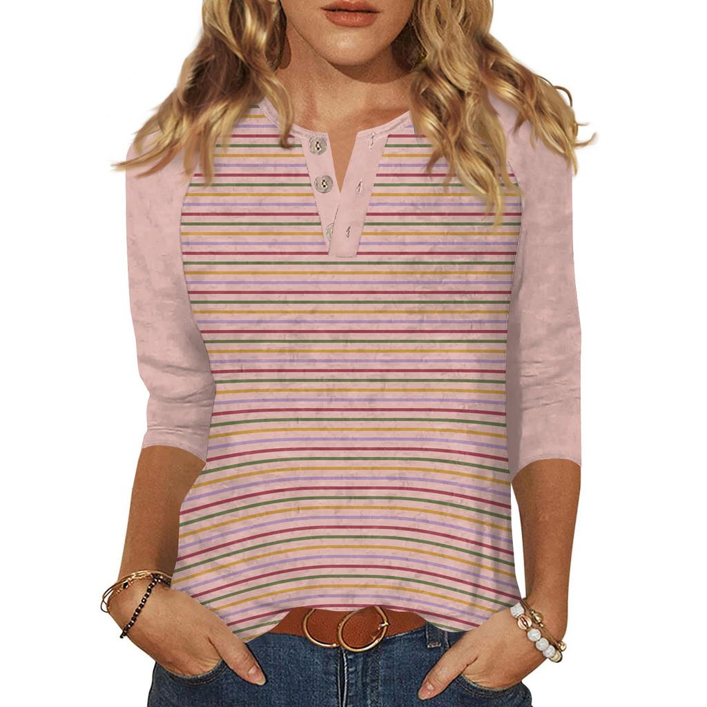 T-shirt imprimé boutonné à manches 3/4 pour femme - Haut basique à col en V - Mode quotidienne - Week-end