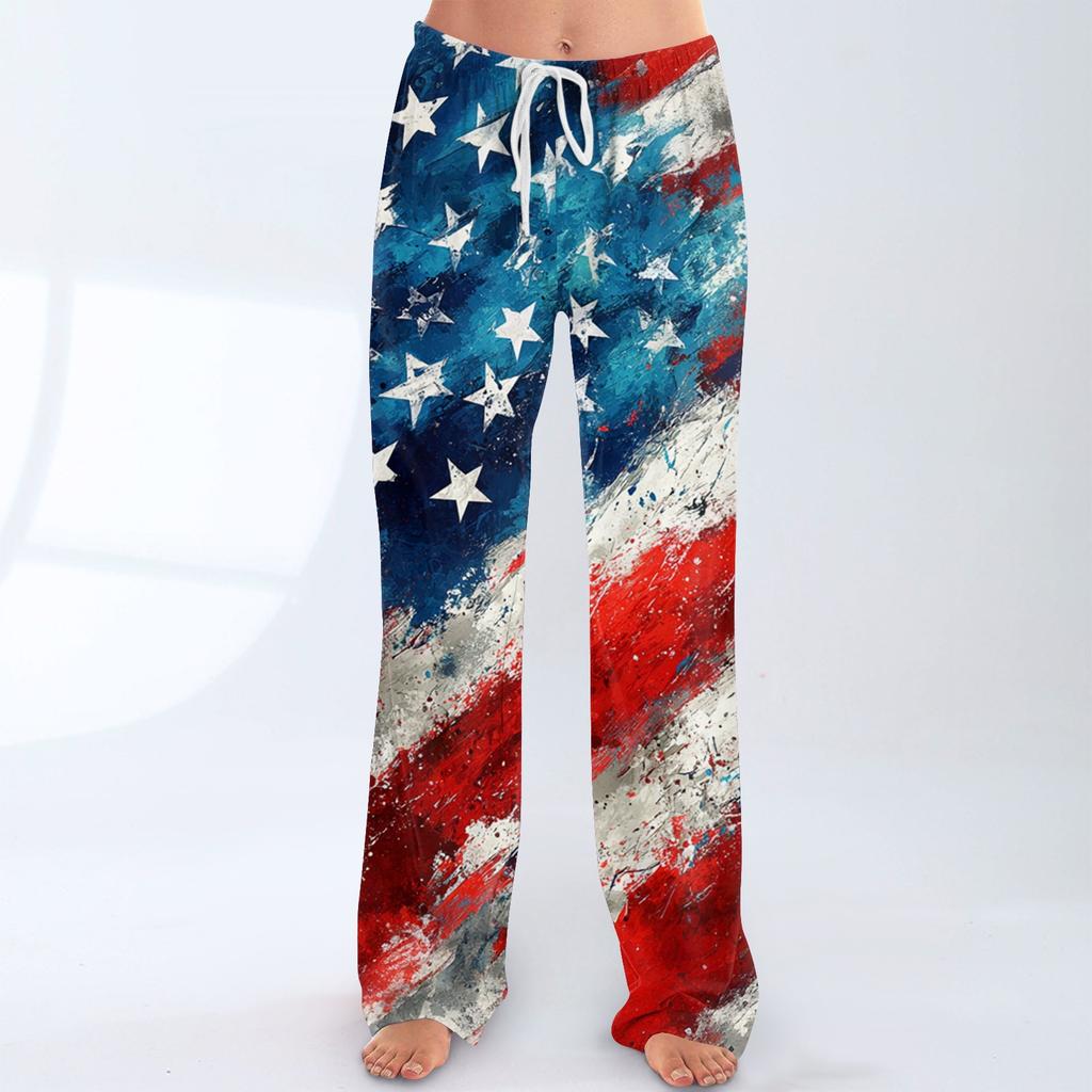Women’s Wide Leg Drawstring Waist Pants Flag Print Loose Fit Long Trousers for Casual and Everyday Wear