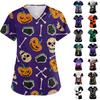 Damen Halloween Print Arbeitskittel V-Ausschnitt mit Taschen Bequeme Passform für Arbeit und Kostüm
