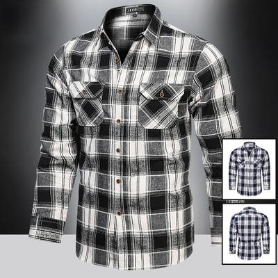 Novo outono masculino linho algodão xadrez camisa de manga comprida casual multi-bolso camisa de ferramentas