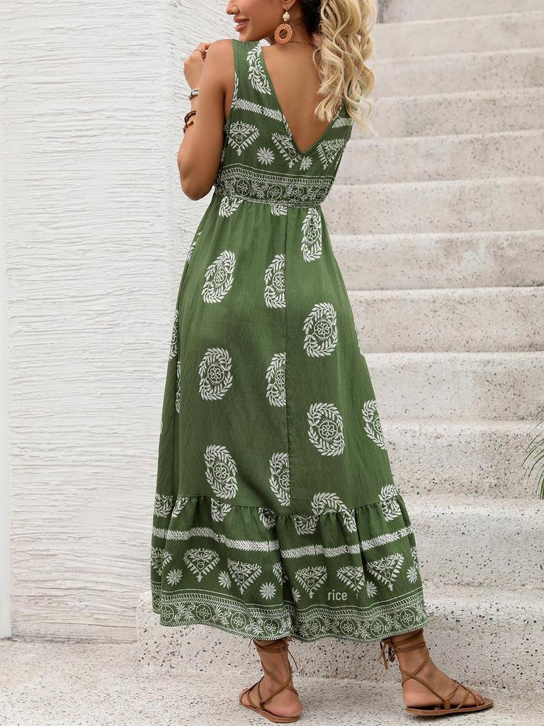 2026 Spring/Summer Ethnic Style Sleeveless V-Neck High-Waist Backless Maxi Dress for Women
