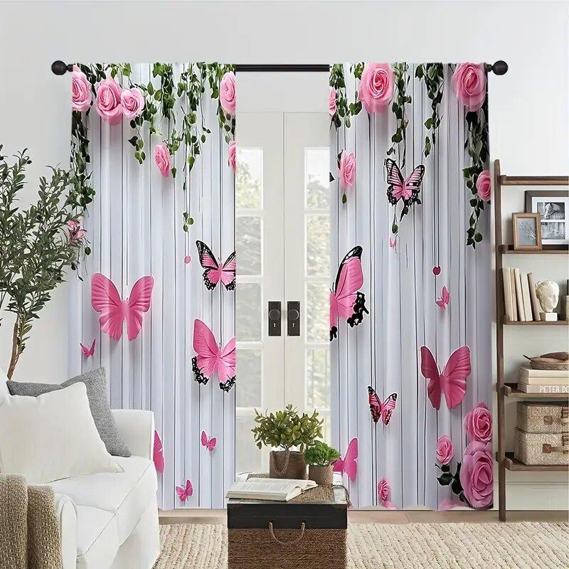 Butterflies and Pink Roses - Pole Bag Curtains, Bedroom and Kitchen Decoration, Home Decoration, Living Room Decoration