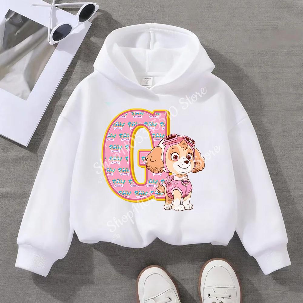 PAW Patrol Child White Long- Sleeve Hoodie Girls Skye Polyester Tops Cartoon 26 Letter Printed Pullover Children Birthday Gifts