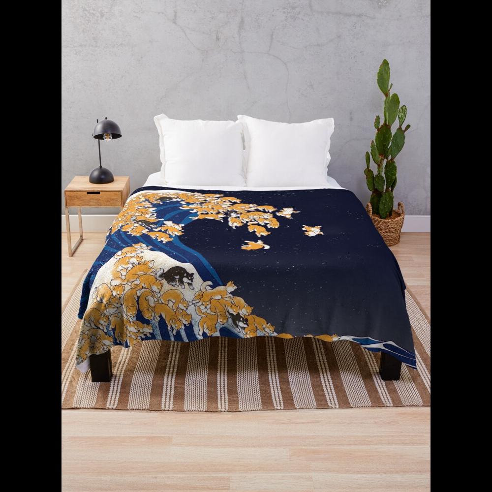 Shiba Inu The Great Wave in Night Throw Blanket Soft Cozy Plaid for Couch or Bed Perfect Gift for Dog Lovers and Japanese Art 75X95CM
