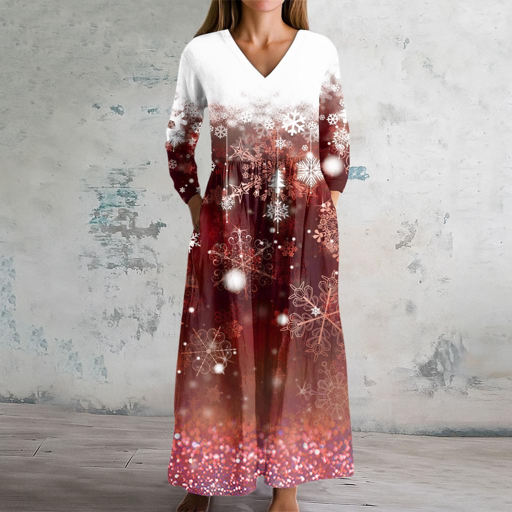 Abito Moda Donna Primavera Scollo a V Manica Lunga