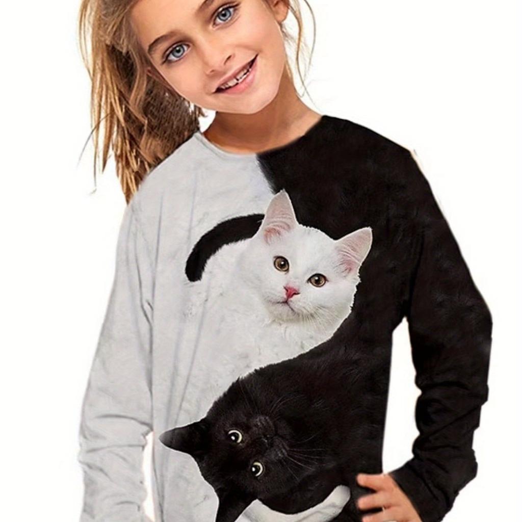 Children's Clothing Girl T-Shirts Long Sleeve Child T Shirt Cartoon Round Neck Cat Print Casual Kids Summer Clothes Girl Top Tee