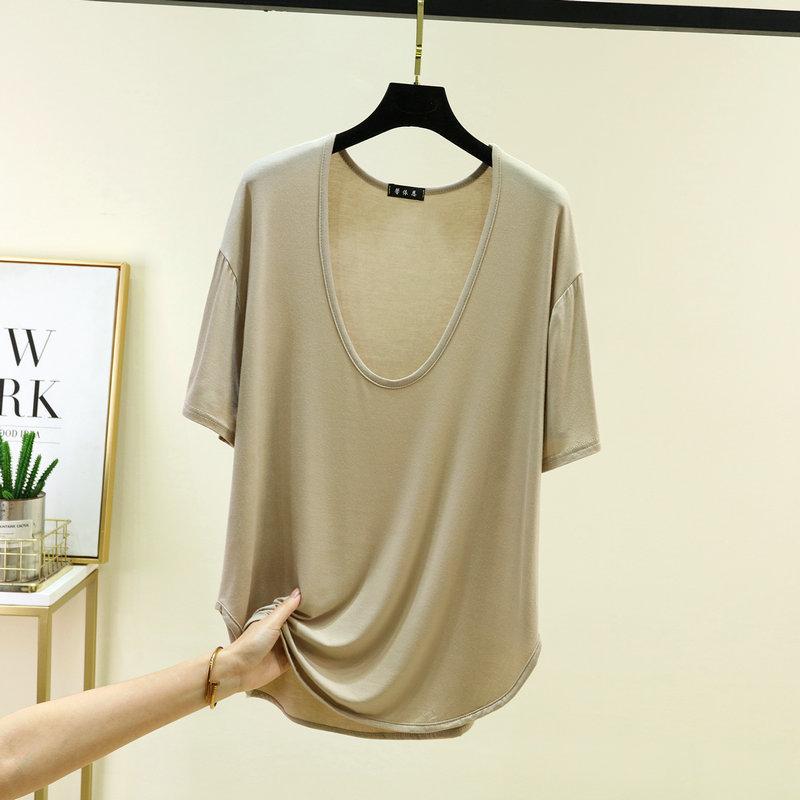 Modal Deep U-Neck Tshirt Summer Loose Short-sleeved T-shirts Simple Thin Tees Casual Tee Tops