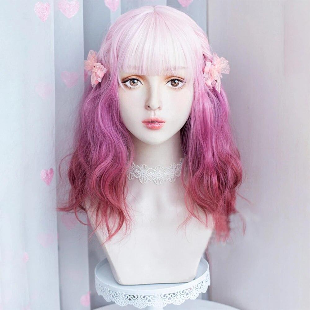 Long Ombre Wavy Curly Pink Purple Gradient Wigs with Bangs Fluffy Women Lolita Cosplay Hair Wig for Daily Party