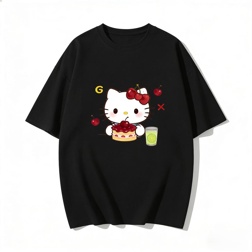 2026 Summer Hello Kitty Cartoon Printed Short Sleeve Pure Cotton Tshirt Womens Family Matching Outfits Classic Fashion Tee Top