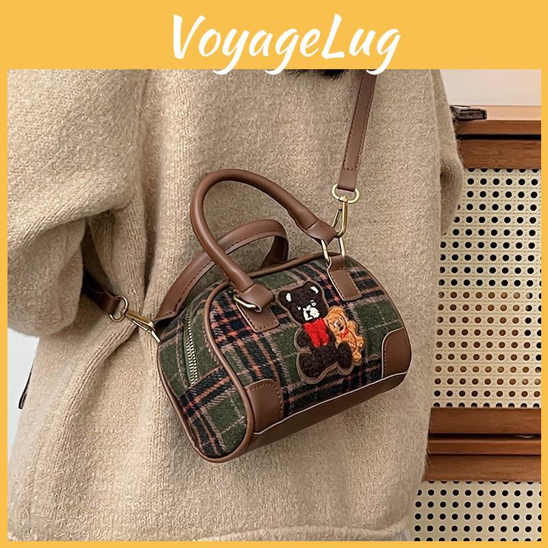 Small Retro Artistic Bear Embroidery Check Pattern Handbag For Casual Outings