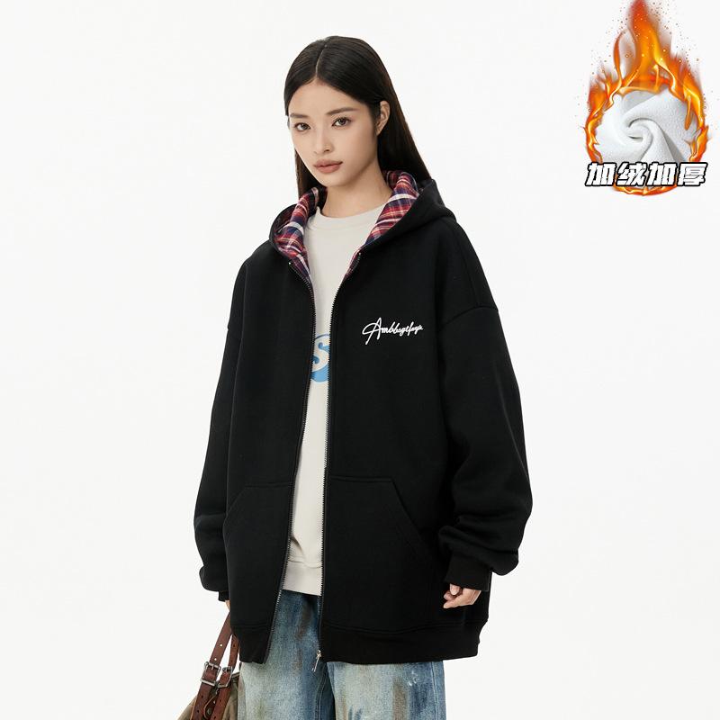 Cardigan Sweater Jacket Men's Autumn and Winter New Trendy Loose Velvet Thickened Youth Hooded Jacket Men