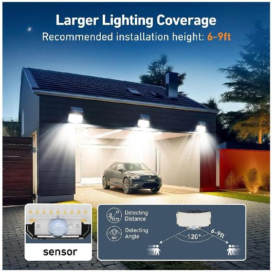 256 LED Solar Outdoor Lights with Motion Sensor 5m Cable IP65 Waterproof Flood Security Lights for Yard Garage Lighting