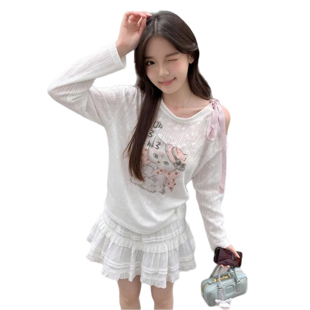 Korean Pure Desire Bow Cat Print Off-the-shoulder Long-sleeved T-shirt Women's Summer Thin Loose Blouse Sunscreen Top