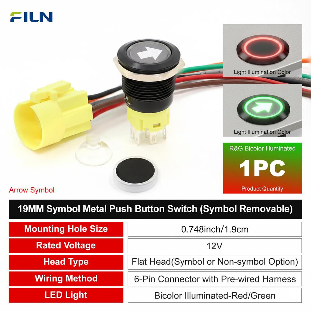 FILN 19mm Waterproof Metal Button Switch, 12V, LED Dual Color, Removable Symbol, Self-locking/Momentary