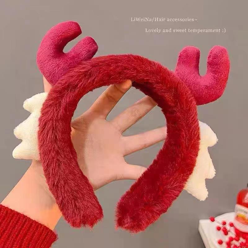 Burgundy Plush Reindeer Antler Headband for Face Washing & Makeup - Cute Non-Slip Hair Accessory
