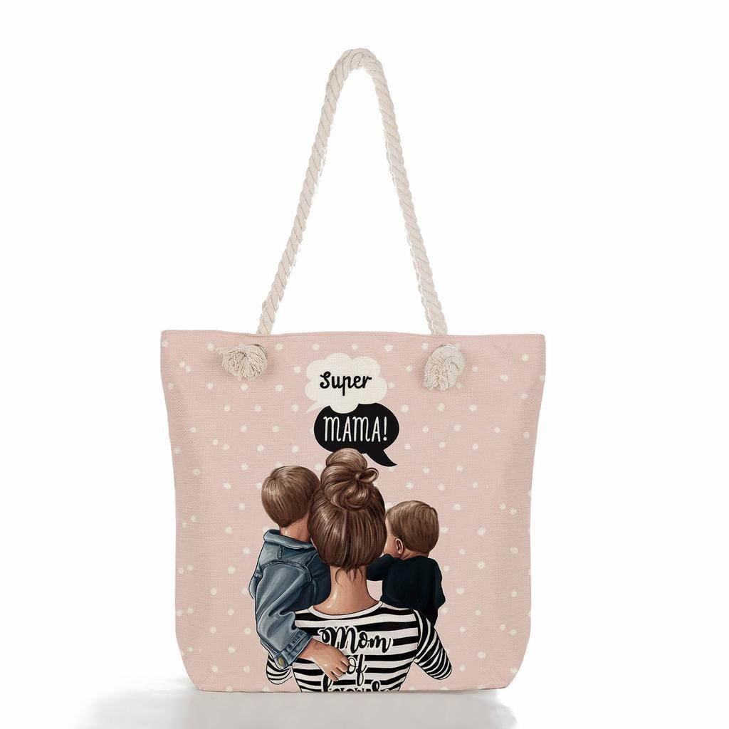 Multifunctional Mom Series Printed Thick Rope Shoulder Beach Bag Casual Large Capacity Handbag 7617