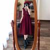 Women's French Retro Red Corduroy Dress, Fake Two-Piece, College Style, Plus Size, Mid-Length, Autumn/Winter.