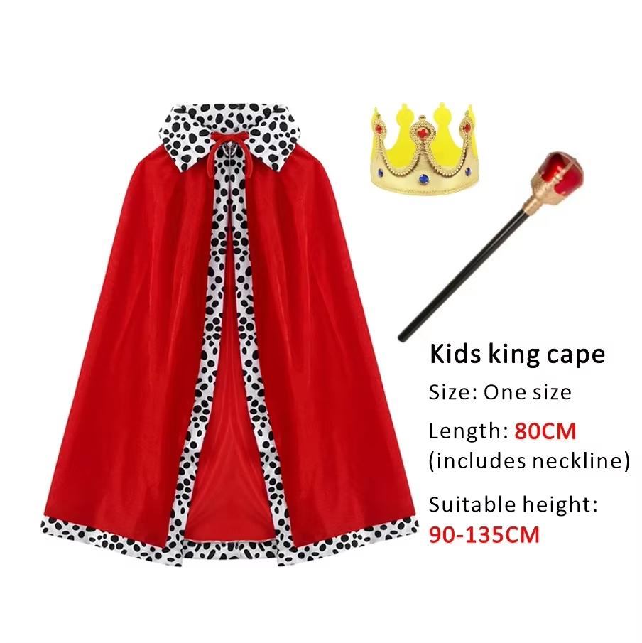King Costume for Girls Aldult Red Cloak Robe Crown Boys Royal Prince Cape Halloween Cosplay Dress Up