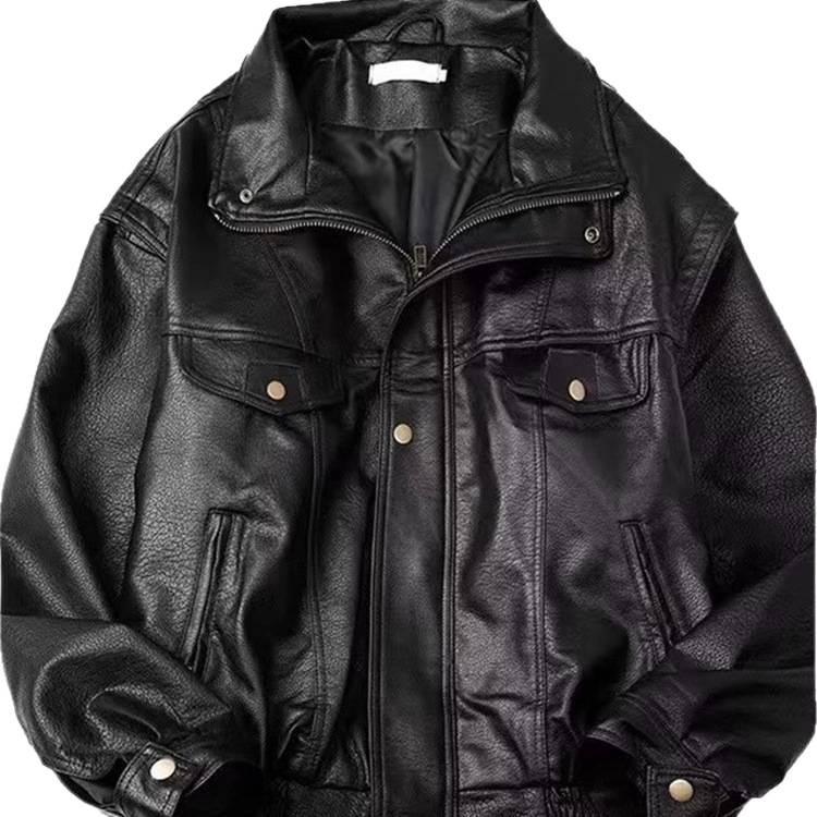 Unisex Loose Lapel PU Leather Motorcycle Jacket - Spring/Autumn Matte Litchi Texture Short Coat