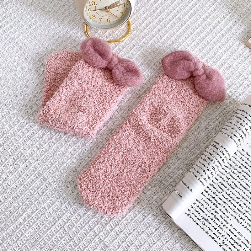 

Coral Fleece Socks Women S Winter Thickened Bow Japanese Cute Medium Tube Women S Socks Confinement Sleep Socks One size fits all розовый