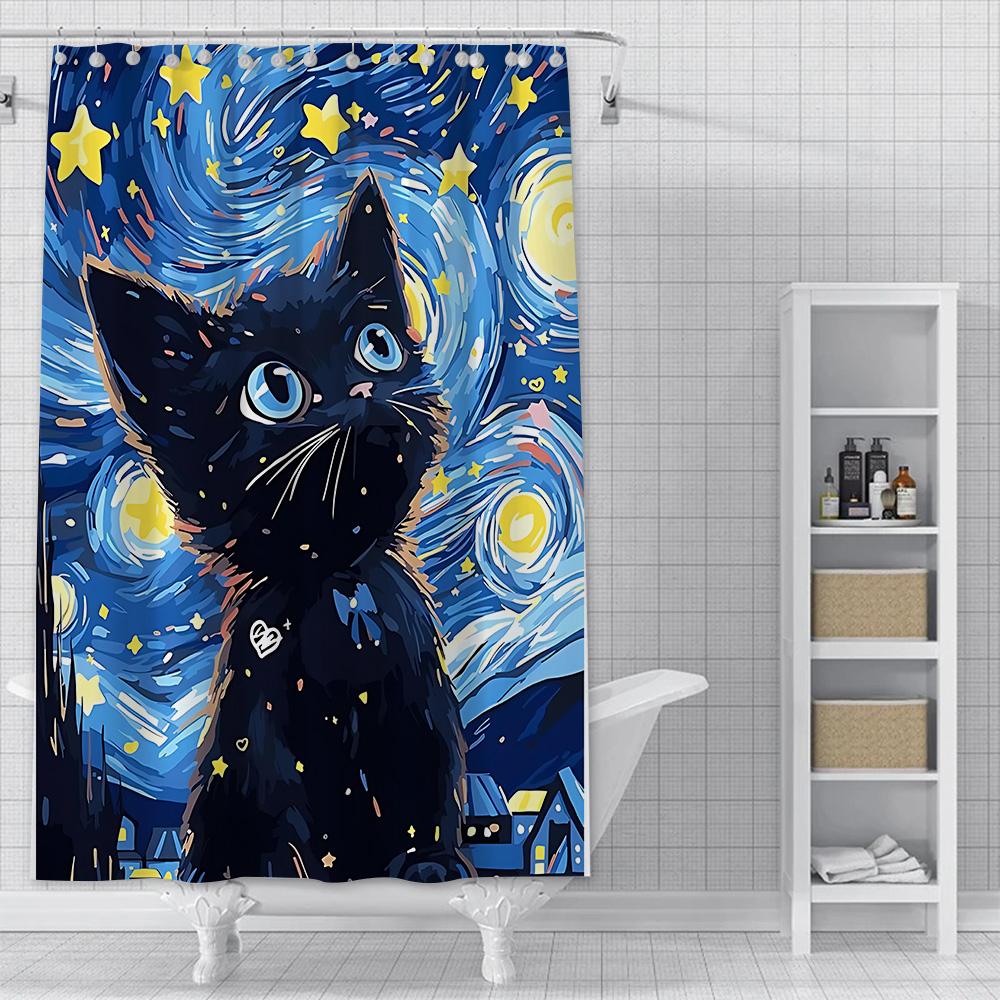 Shower Starry Sky Cat Curtain Waterproof Polyester Fabric Paint Colorful Bath Curtains Home Bathroom Decor Curtain With Hook