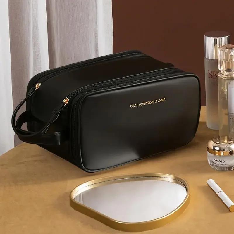 Portable Women's Makeup Bag PU Leather Luxury Cosmetics Storage Organizer Travel Essentials Double Zipper Toiletries Bag