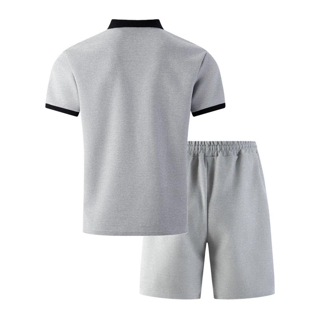 Men's Summer Casual Color-Blocked Shirt With Lapel And Pockets And Half-Zip, Shorts Two-Piece Set