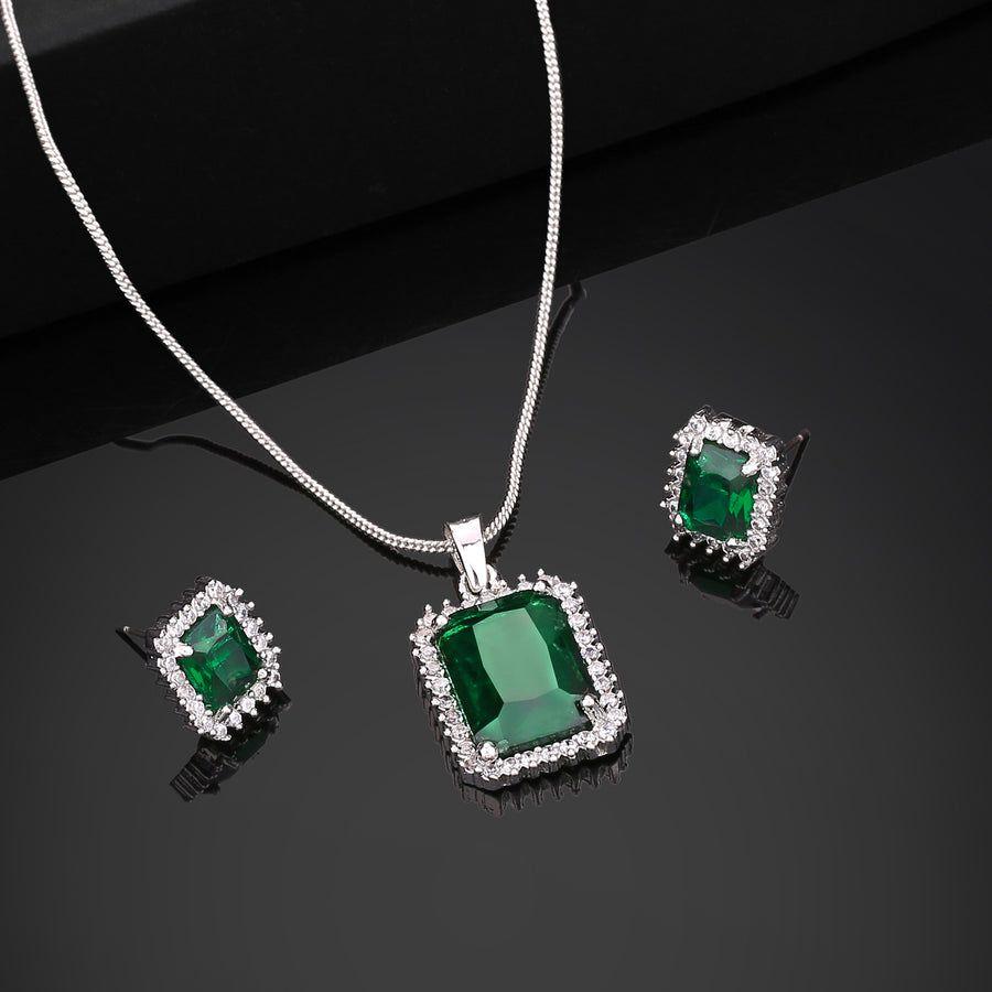 Estele Designer Square Pendant Set with Rhodium Plated CZ and Emerald Stone for Women