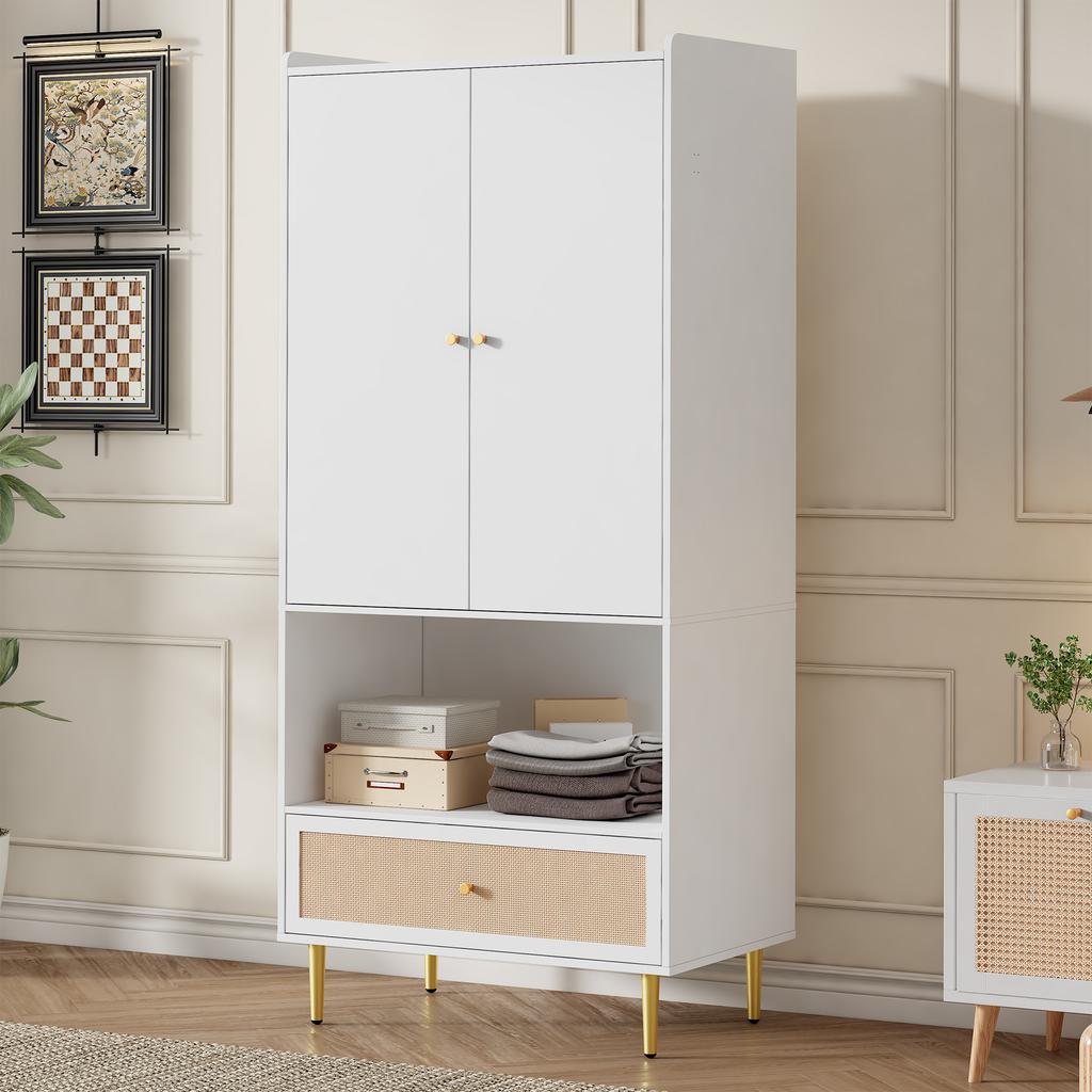 Wardrobe with 2 Doors, Large Rattan Drawer and Clothes Rail. With Metal Legs and Handles – Perfect for Bedroom and Living Room. White, 80x48x175 Cm