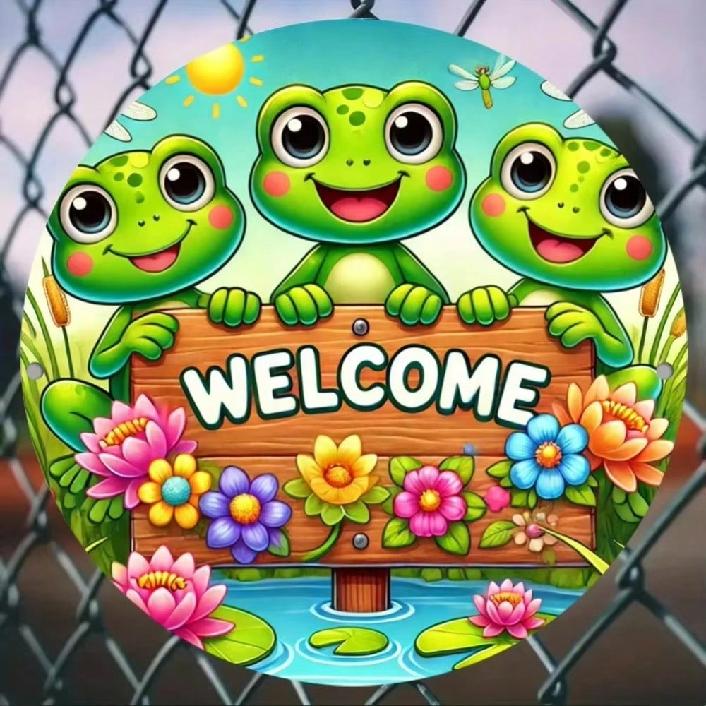 Metal Frog Welcome Sign 16 Inch Rustic Garden Wall Art Handmade Vintage Outdoor Decor