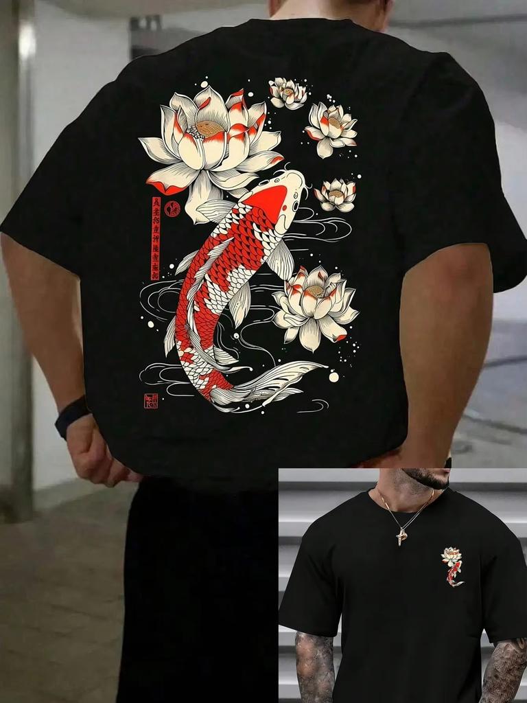 Summer Hot Sale Japanese Koi Fish & Lotus Flower Graphic Tee Unisex Fashion Trendy T-Shirt Breathable And Comfortable Clothes