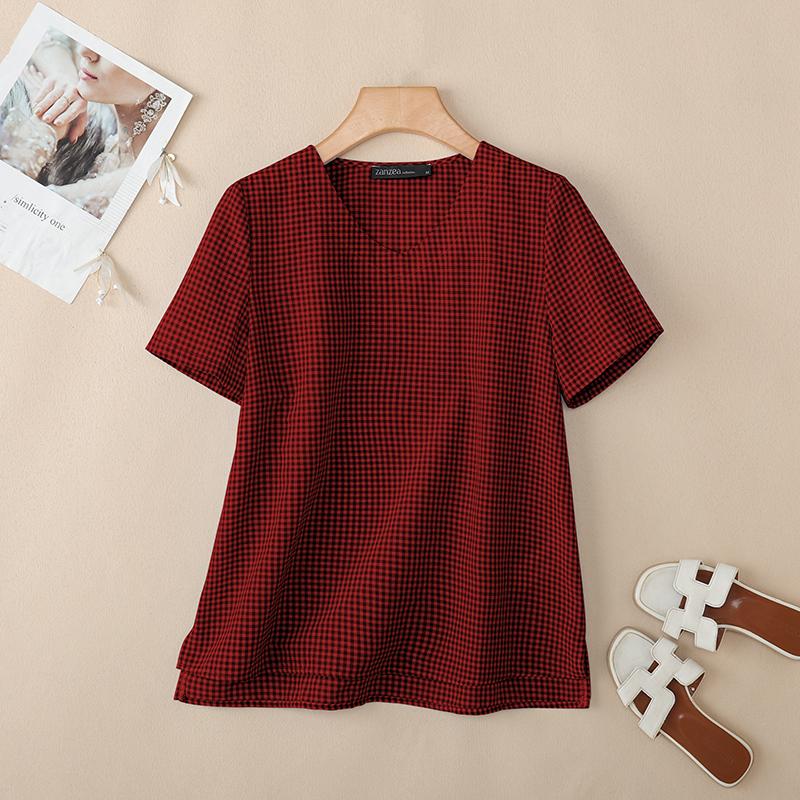 

ZANZEA Женская повседневная блузка с круглым вырезом, короткими рукавами и свободным принтом в клетку 2XL красный