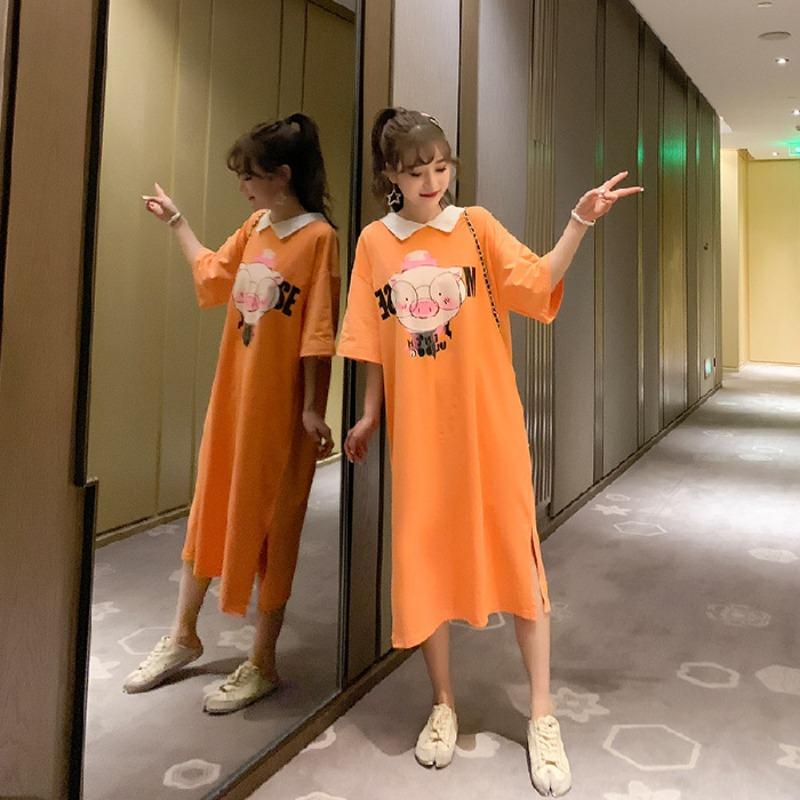 

Мультяшная кукла, ведущая студентка, летнее свободное женское платье с короткими рукавами, выше колена, прикрытое животом 3XL оранжевый