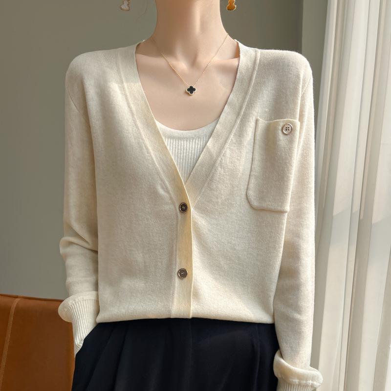 

Вязаный кардиган с длинным рукавом Женская короткая куртка Свитер Высокий дизайн Нишевый Свободный Тонкий V-образный вырез Топ S