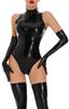 [SEAUR] Women's Full Body Tights, Ladies Bondage Bodysuit, Leather-look Lingerie, Faux Leather Leotard, Black, Size M
