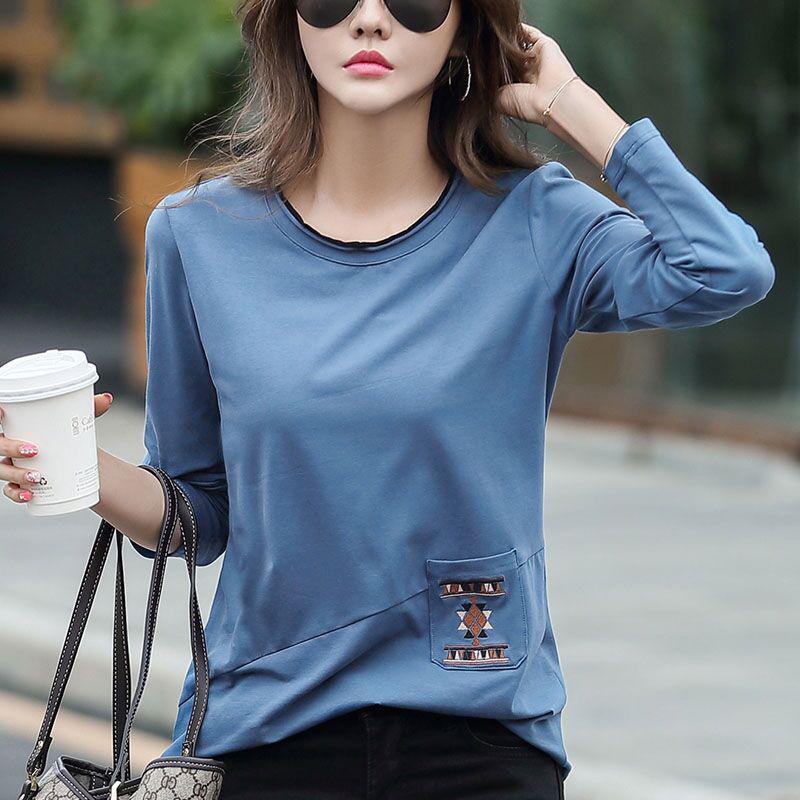 

2025 Korean Style Embroidered Long Sleeve T-Shirt for Women, Plus Size Patchwork Top for Autumn XL синий