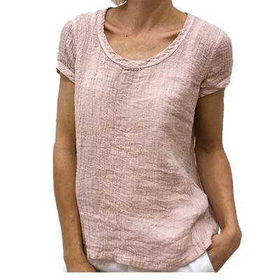 Women Fashion Round Neck Cotton Linen T-shirt Spring&summer Casual Solid Color Blouses