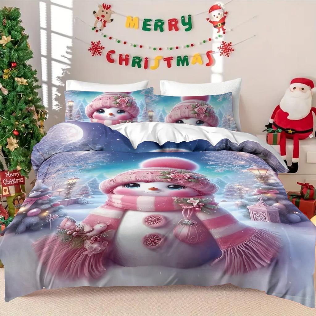 Set de lenjerie de pat roz cu om de zăpadă de Crăciun, fără cearceaf cu colțuri, moale, pentru dormitor, cămin, mai multe dimensiuni, lavabil la mașină