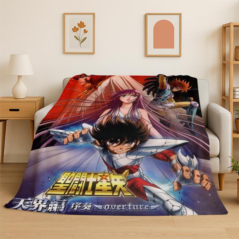 Retro Saint Seiya Anime Cartoon Flannel Blanket Soft Warm Throw Blanket for Bedroom Living Room Bed Travel Camping Picnic Gift