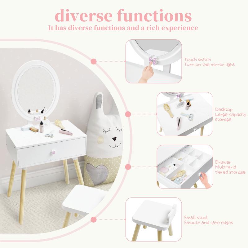 Wooden Four-Leaf Clover Vanity Toy: Baby Girl's Imitation Dressing Table with Lipstick, Eyeshadow, Hair Dryer, and Mask
