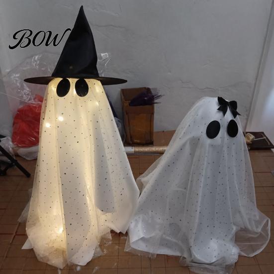Léčivý styl Sváteční dekorace duchů Dekorace na Halloween, Strašidelná síťovina s flitry a kloboukem čarodějnice/mašlí, Roztomilé dekorace Malá stojící stolní dekorace