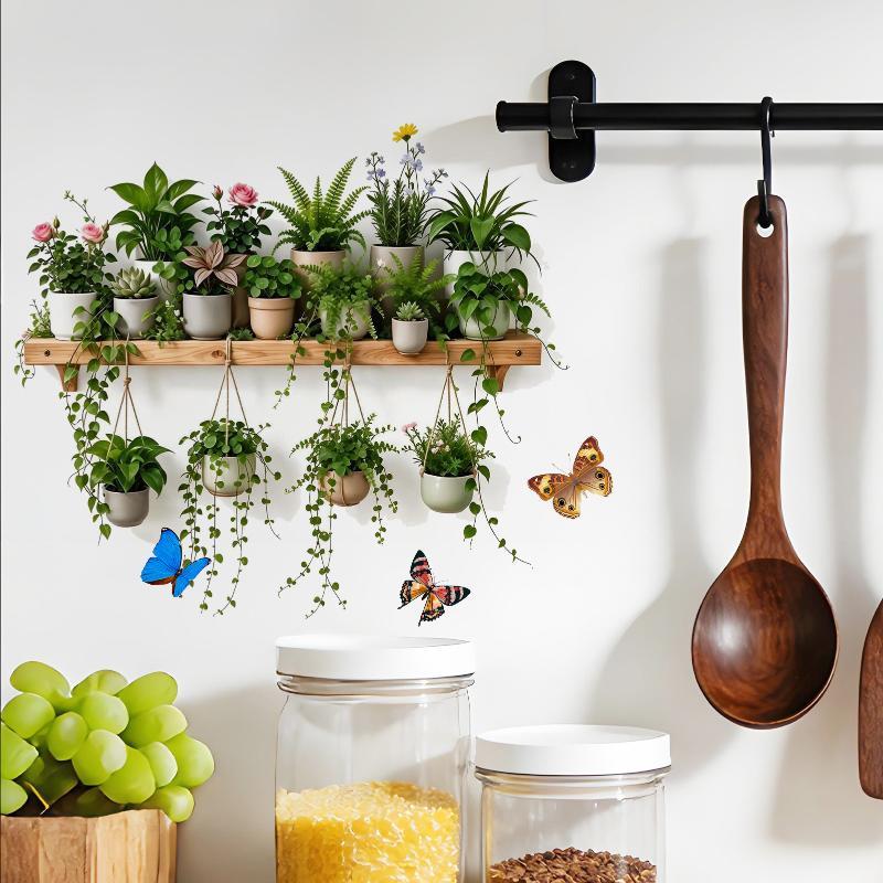 Potted Plant Flowers Leaves And Butterfly Wall Sticker Self-Adhesive Cartoon Stickers Removable Kitchen Living Room Home Decor