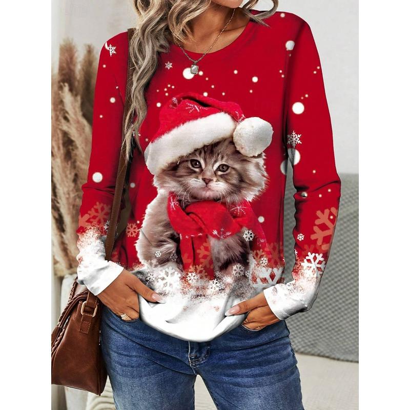 Women's Sweatshirt 3D Prints Christmas Theme Kawaii Graphics long sleeve T-shirt Casual Loose Fit O-Neck Tee Long Sleeve Tops