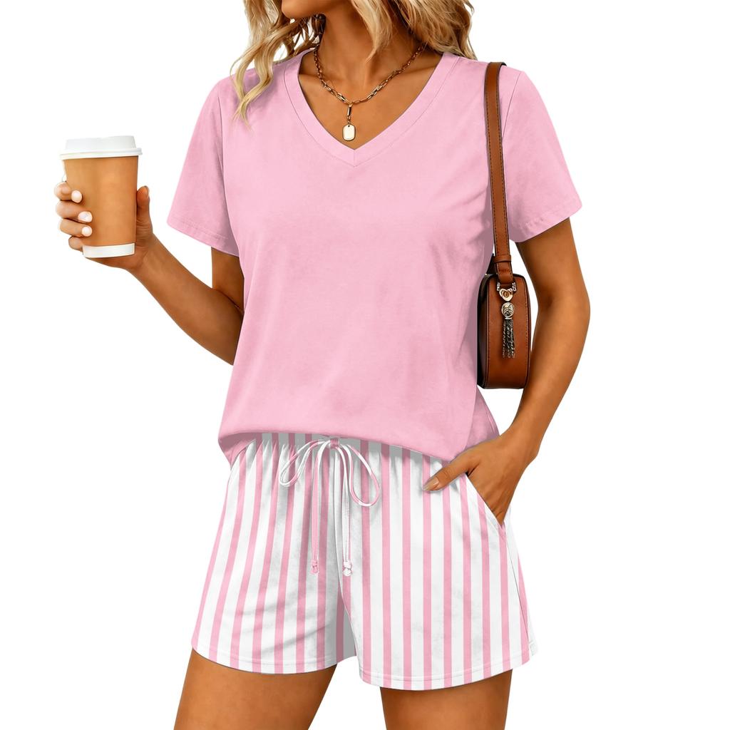 Women Two Piece Set V Neck Short Sleeve Top with Drawstring Waist Striped Shorts Casual Lounge Wear