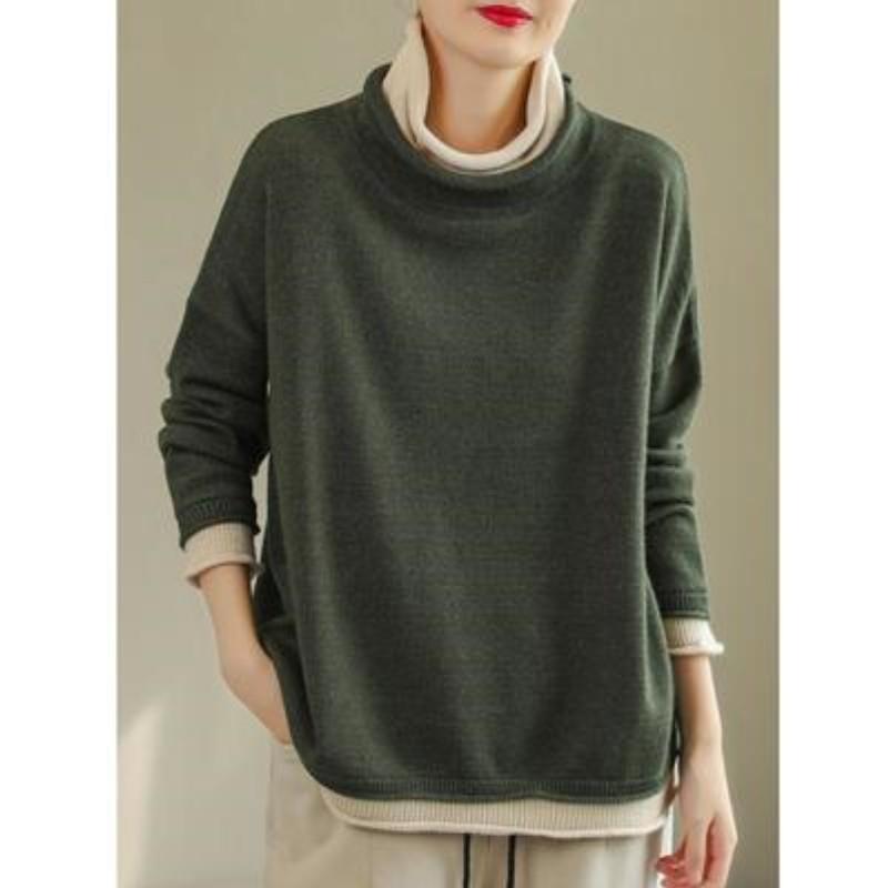 Women's Fall/Winter Vintage Color-Block Pullover Sweater Loose-Fit Casual Knit Sweater