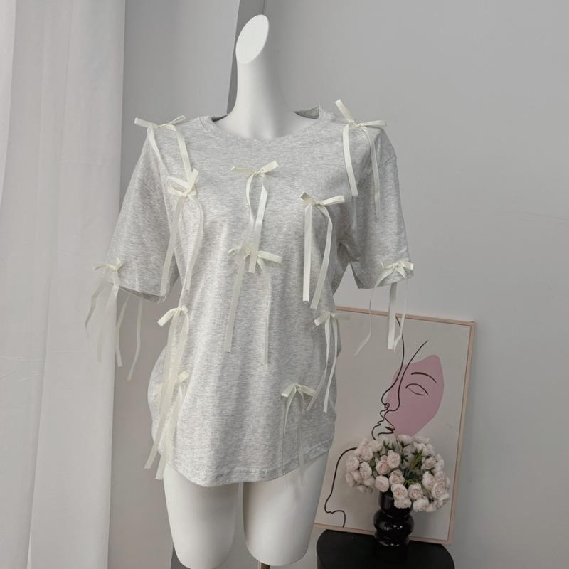 Summer New Design Three-dimensional Bow Decoration Versatile Mid-length T-shirt for Women